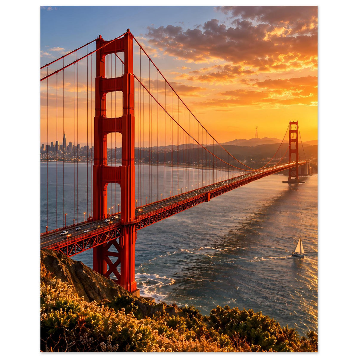 Vertikales Poster mit roter Hängebrücke bei Sonnenuntergang, orangegelber Himmel über dem Meer