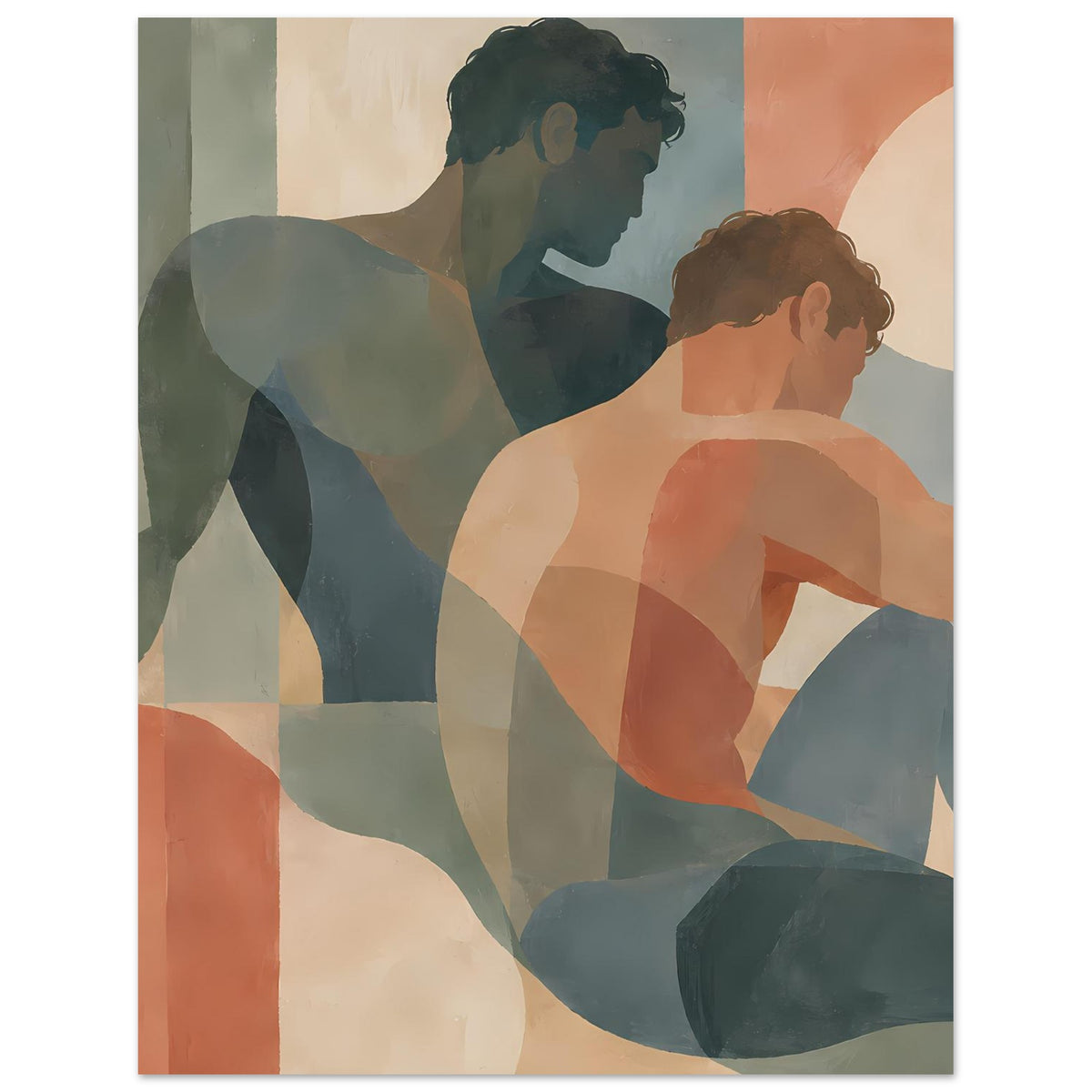Kunstdruck, Ausschnitt der zwei Figuren: dunkles Blau, Beige und Korallenrot im Muster