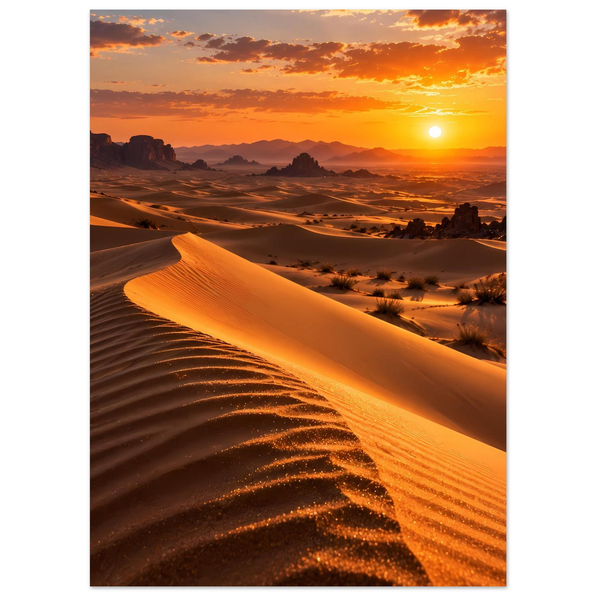 Poster mit Wüstenlandschaft und Sonnenuntergang über Sanddünen und Felsformationen