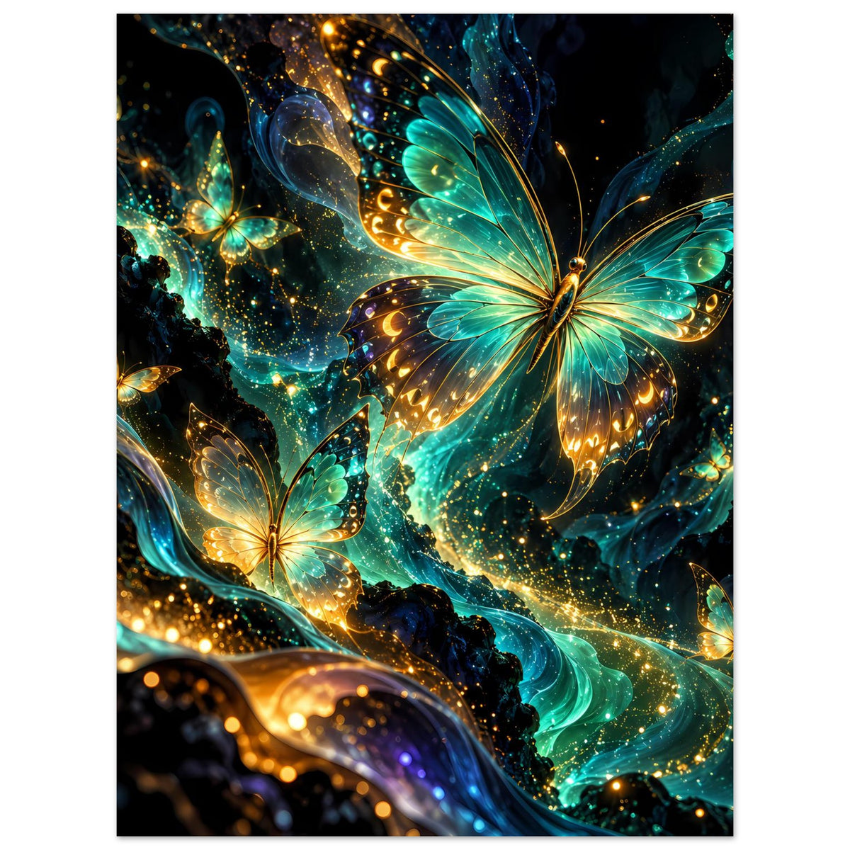 Poster: großer zentraler Schmetterling in Türkis und Gold, umgeben von leuchtenden Flügeln