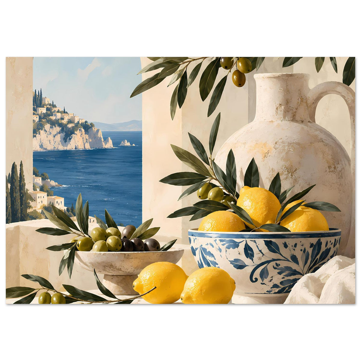 Mediterranes Poster: Zitronen, Oliven in Schale und große Keramikkanne im Bild