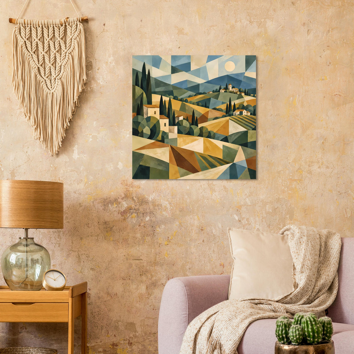 Quadratisches Poster mit geometrischem Berg- und Hügelpanorama in warmen Erdtönen, Häuser