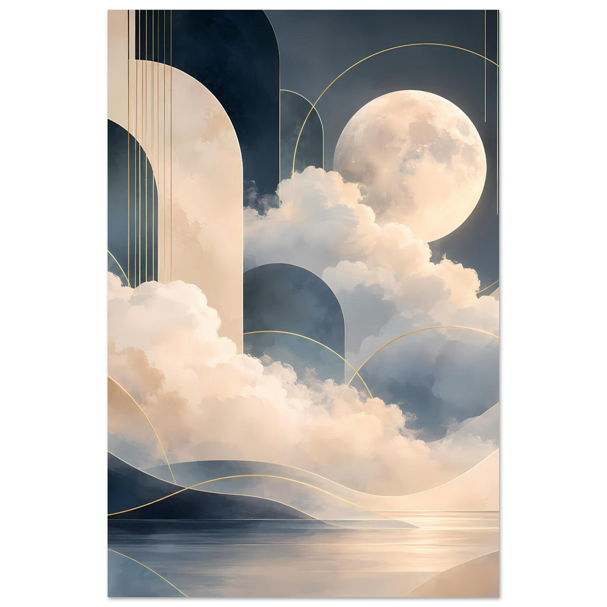 Mondlandschaft-Poster mit großem hellem Mond, Wolken und goldenen Linien im Himmel