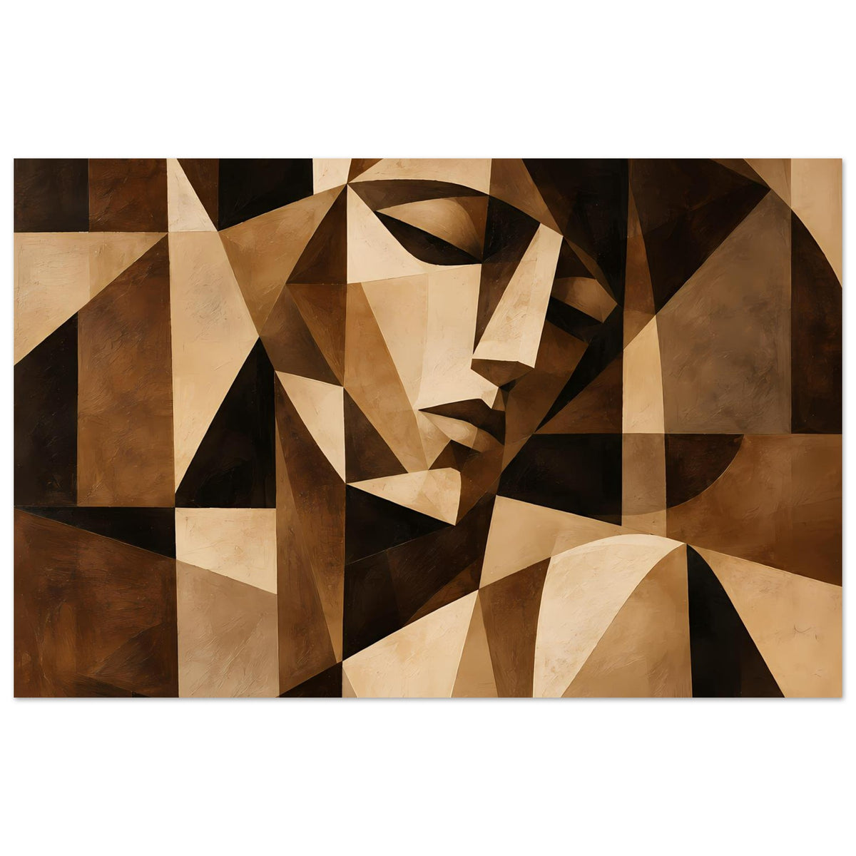 Abstraktes Kunstposter mit geometrischem Frauenkopf in warmen Braun- und Beige-Tönen