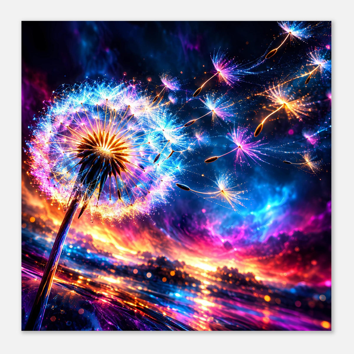 Neon-Feuerwerk-Poster im Querformat mit leuchtenden Kometen und Farbwellen