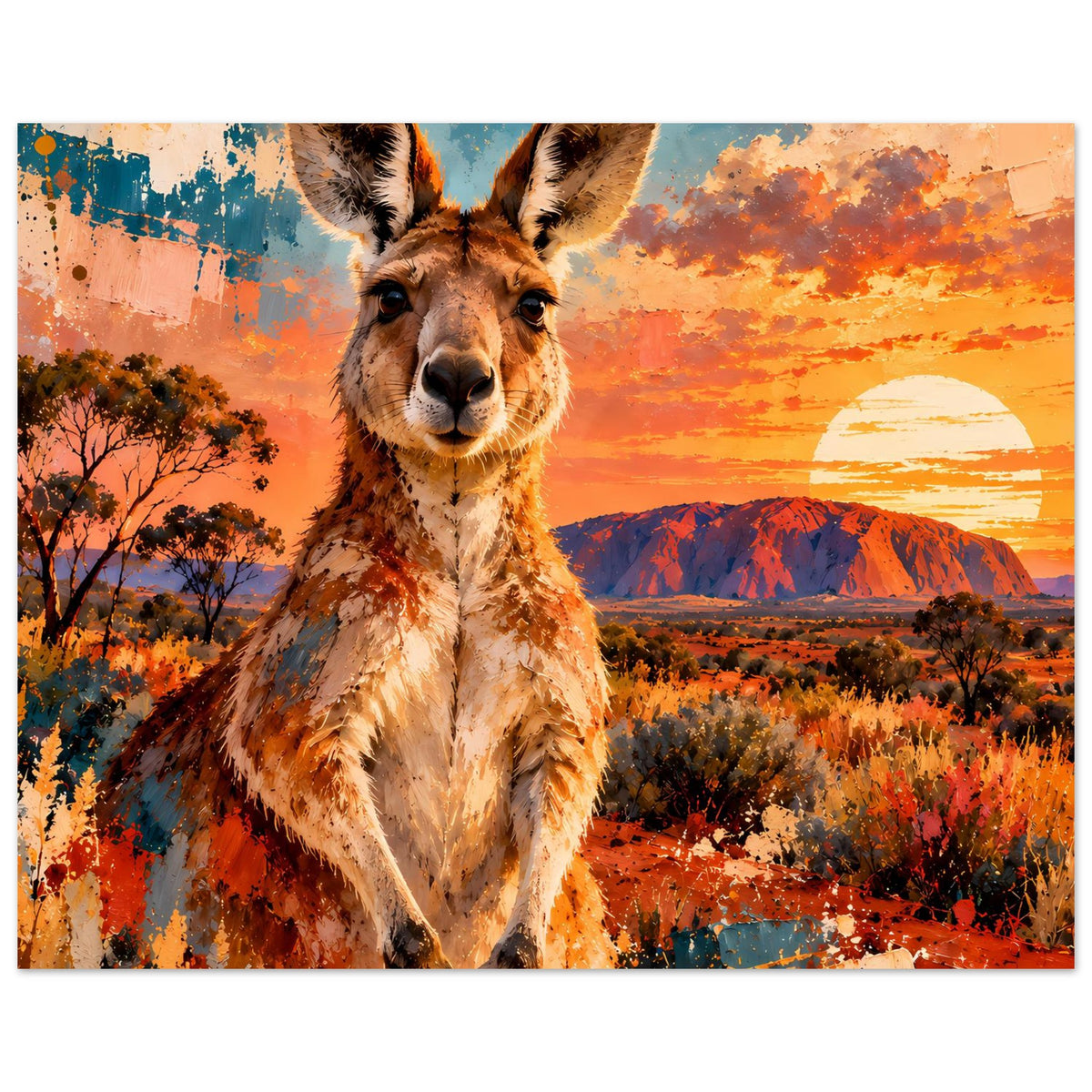 Känguru-Sonnenuntergangsposter auf mattem Papier, mittig mit Landschaft und Felshügeln