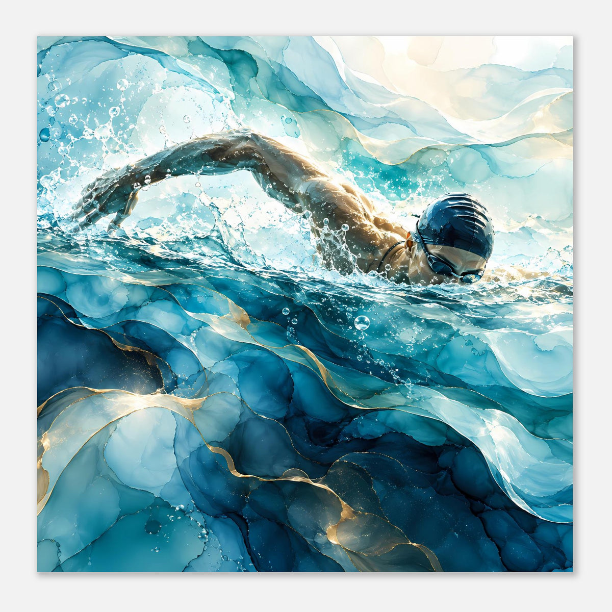 Schwimmer-Poster im Blau: Rechteckiger Druck mit Taucher, Wasseroberfläche und Blasenschaum