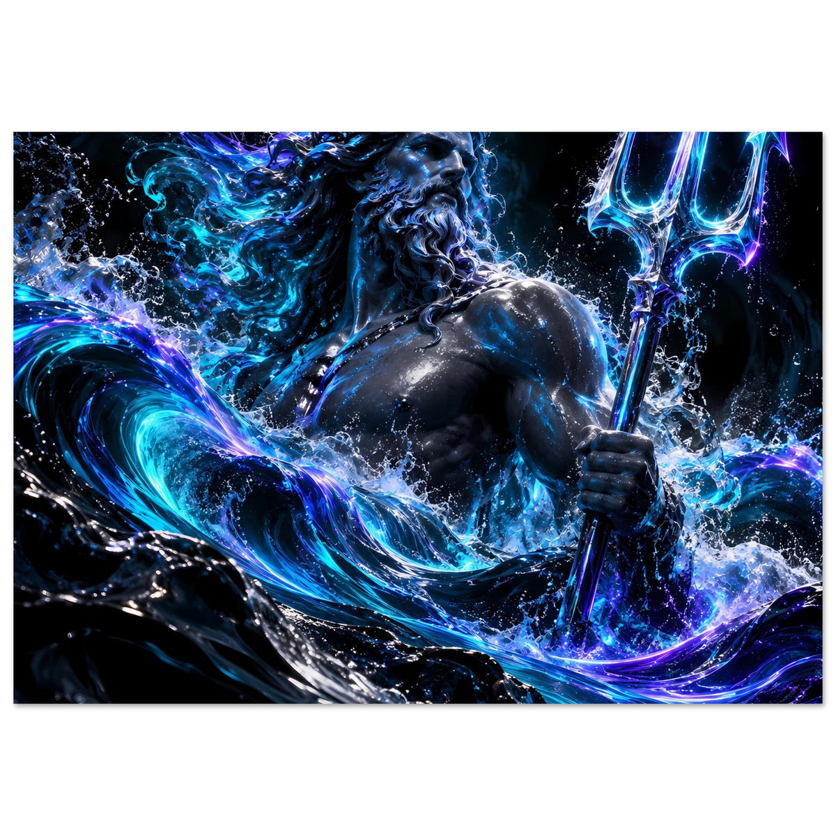 Querformat-Poster von Poseidon mit Dreizack, kräftige blaue Wirbel, Meerwasser-Effekte