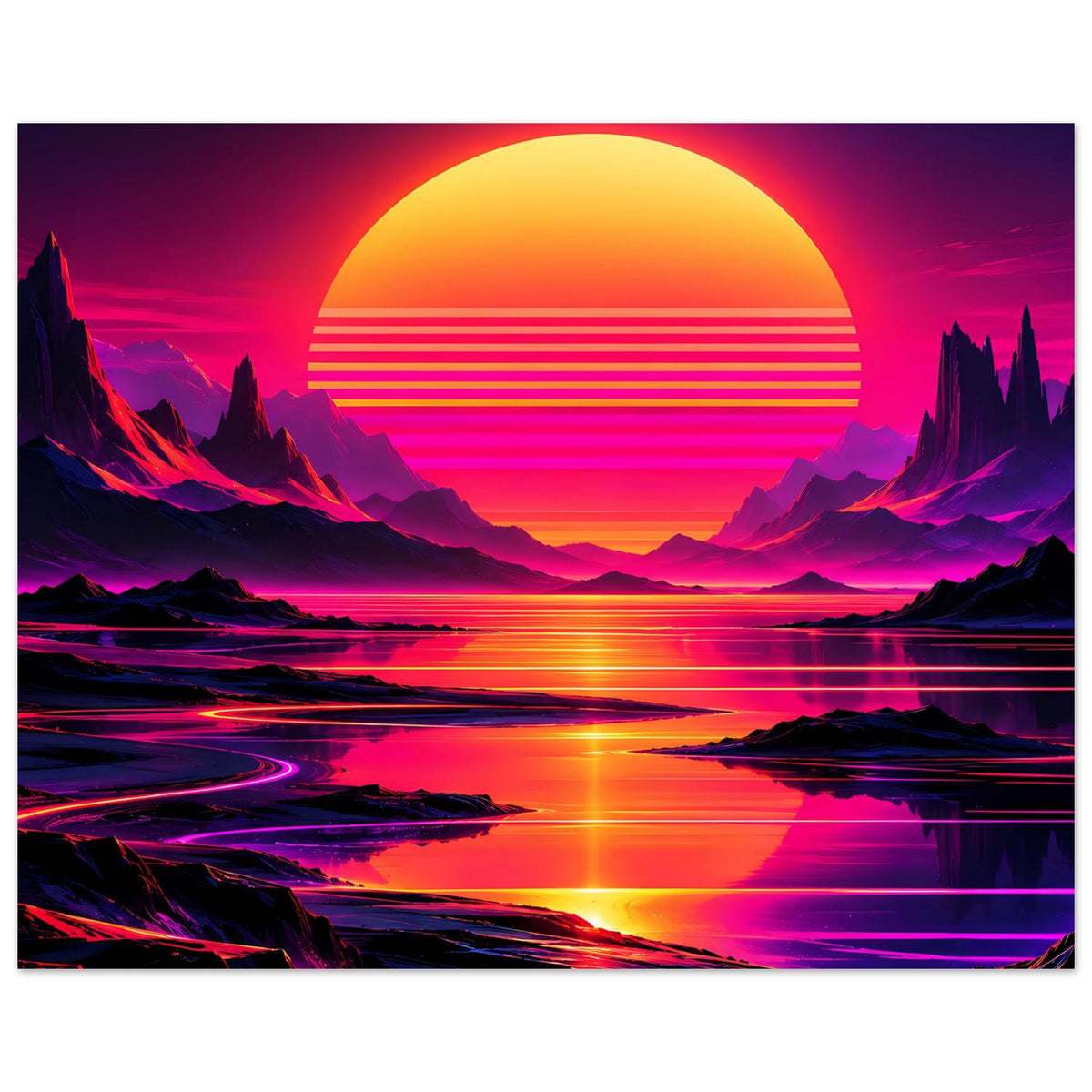 Neon-Kunstdruck im Querformat: Sonnenuntergang über Bergen und spiegelndem Wasser