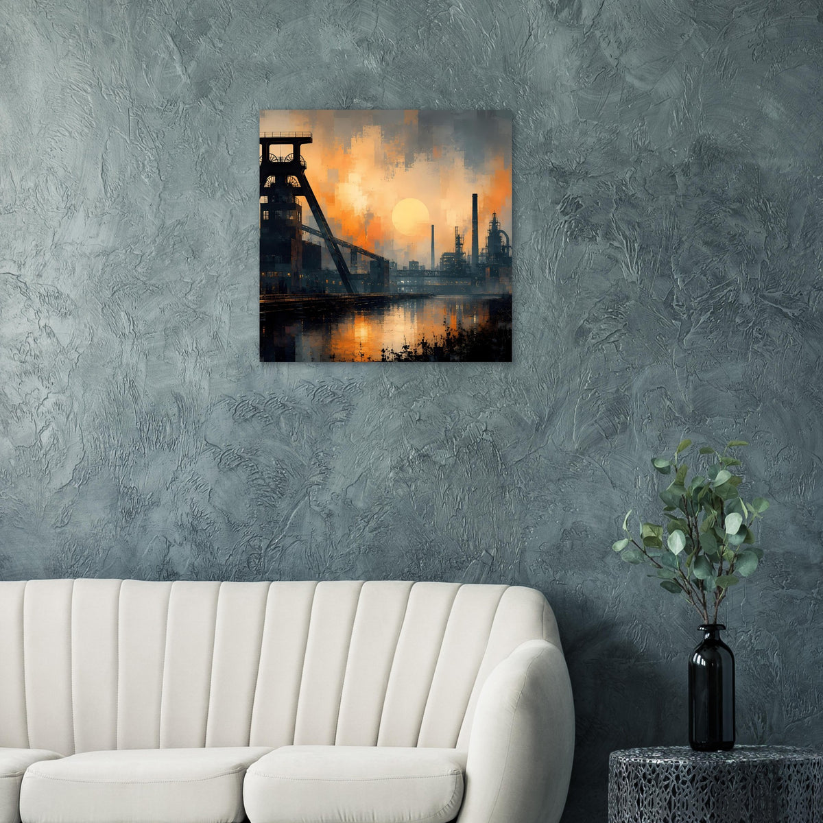 Industrie-Dämmerung-Panoramaposter: kleines Motiv mit Kran, Fabriktürmen und orangefarbenem Himmel
