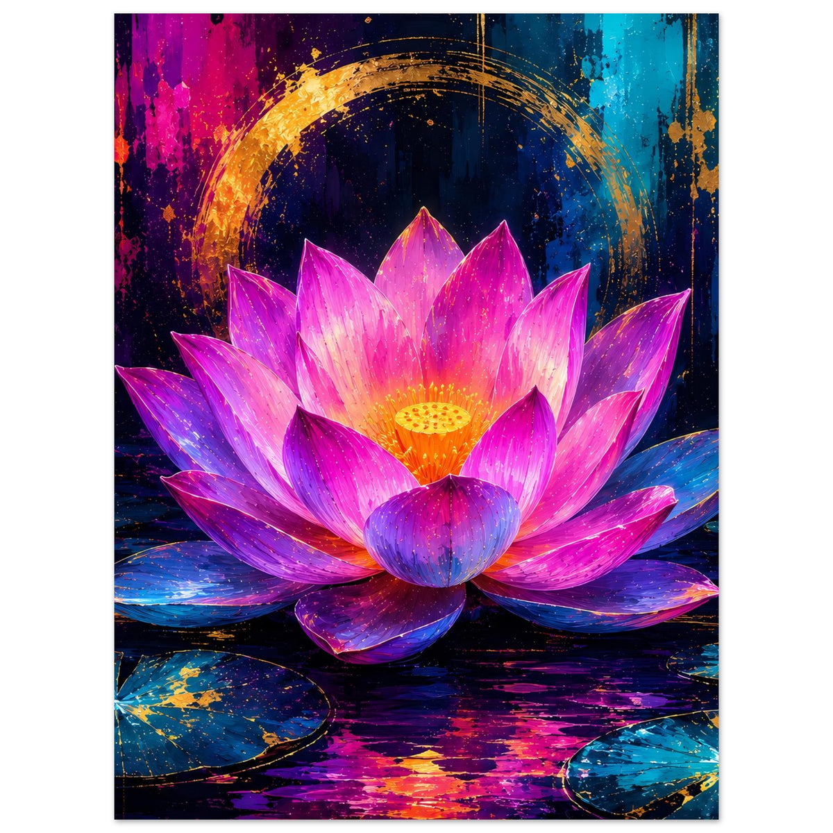 Blumenposter mit leuchtender Lotusblüte in Rosa und Violett mit Goldakzenten