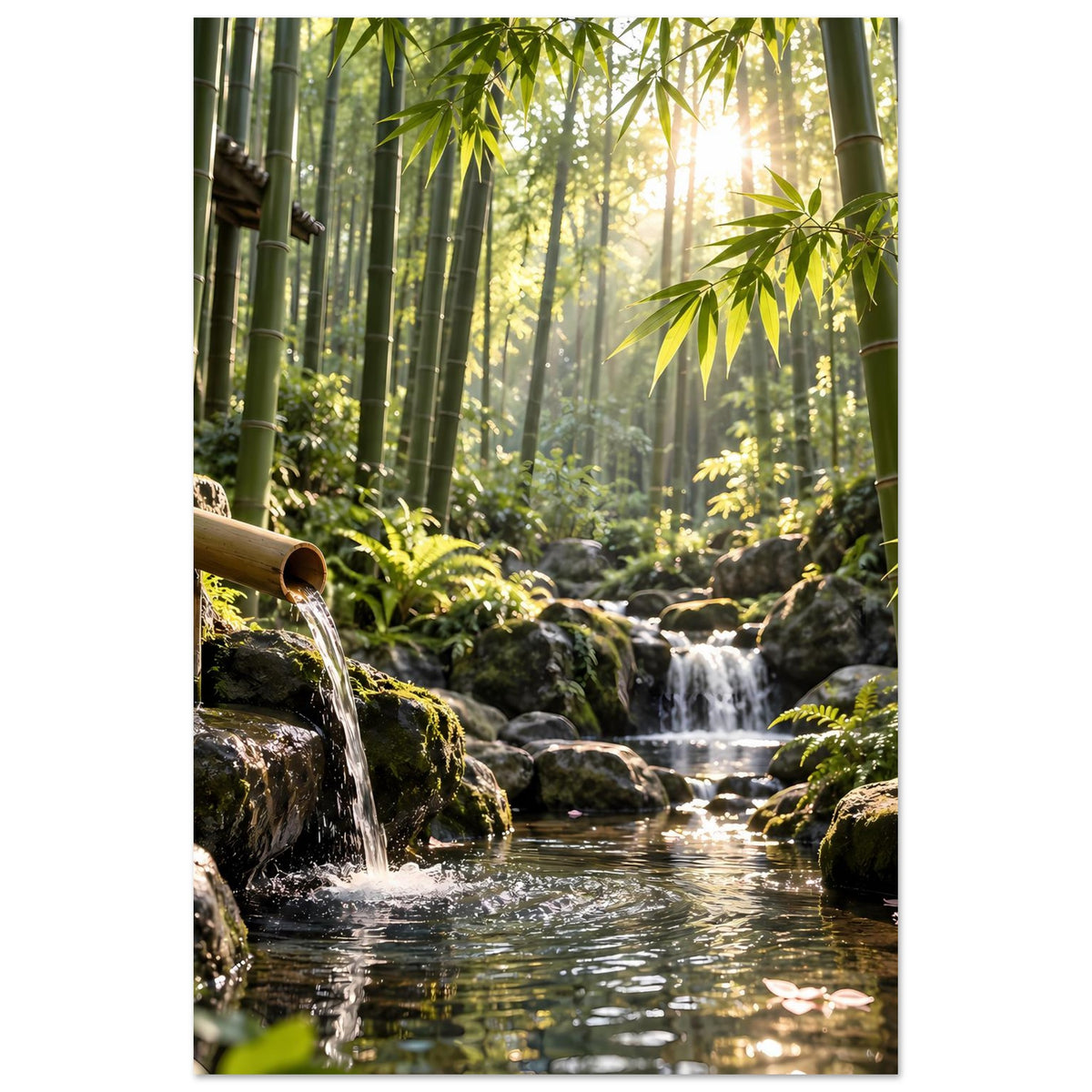 Vertikales Naturposter mit Bambus und Wasserfall über Steinen