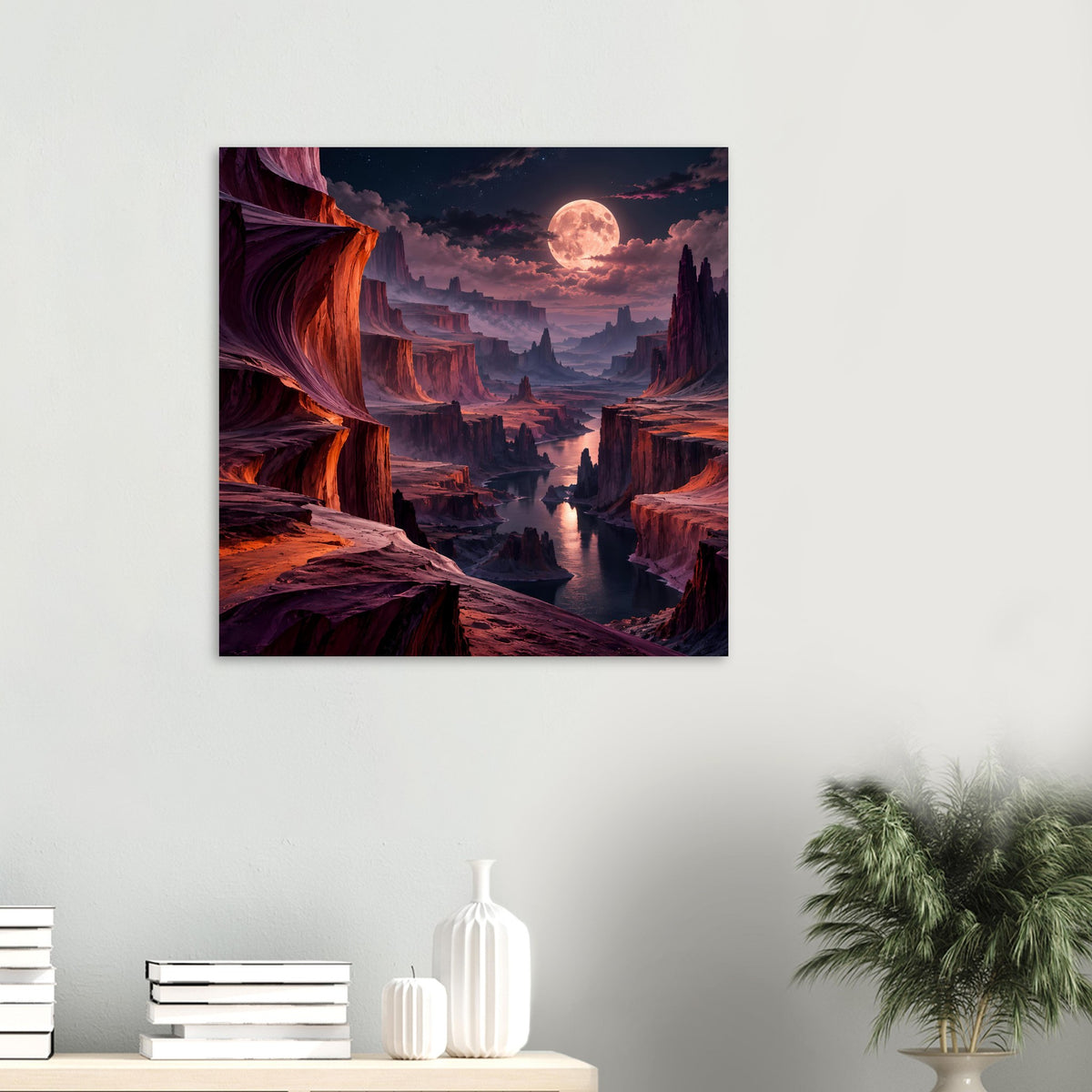 Kleines Landschaftsposter mit Canyon und Fluss, großem Mond am Himmel; rot-orange Farbgebung