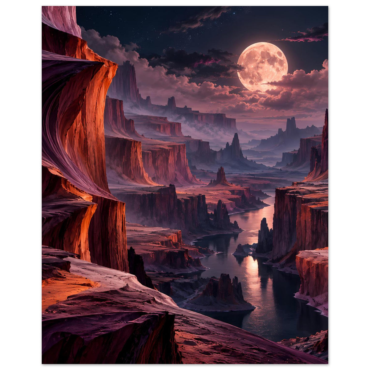 Vertikales Landschaftsposter: Canyon mit Fluss, orange-roter Felsformation und großem Mond am Himmel.