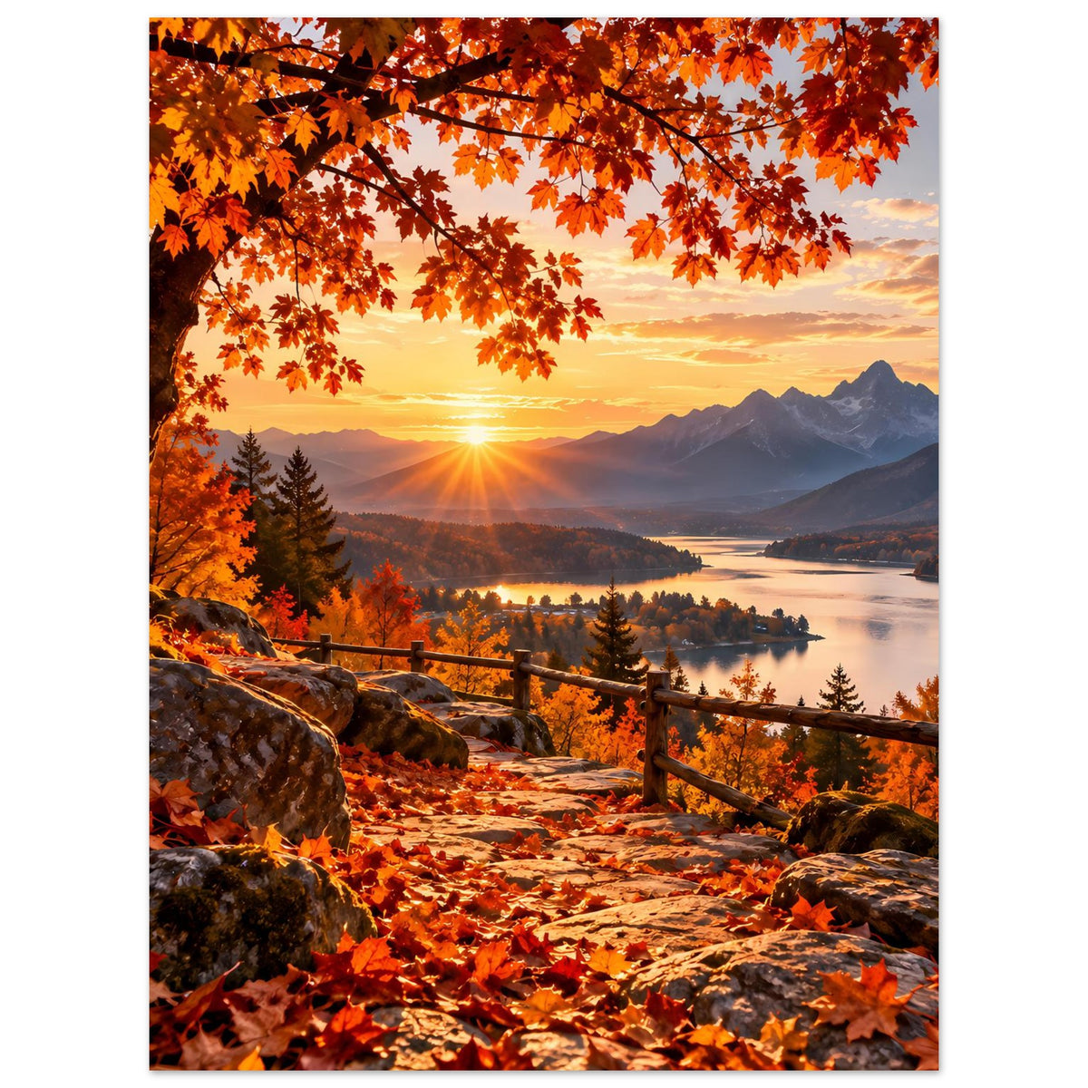 Hochformatiges Landschaftsposter mit Herbstlaub, Sonnenuntergang, Berge im Hintergrund und Seeufer.