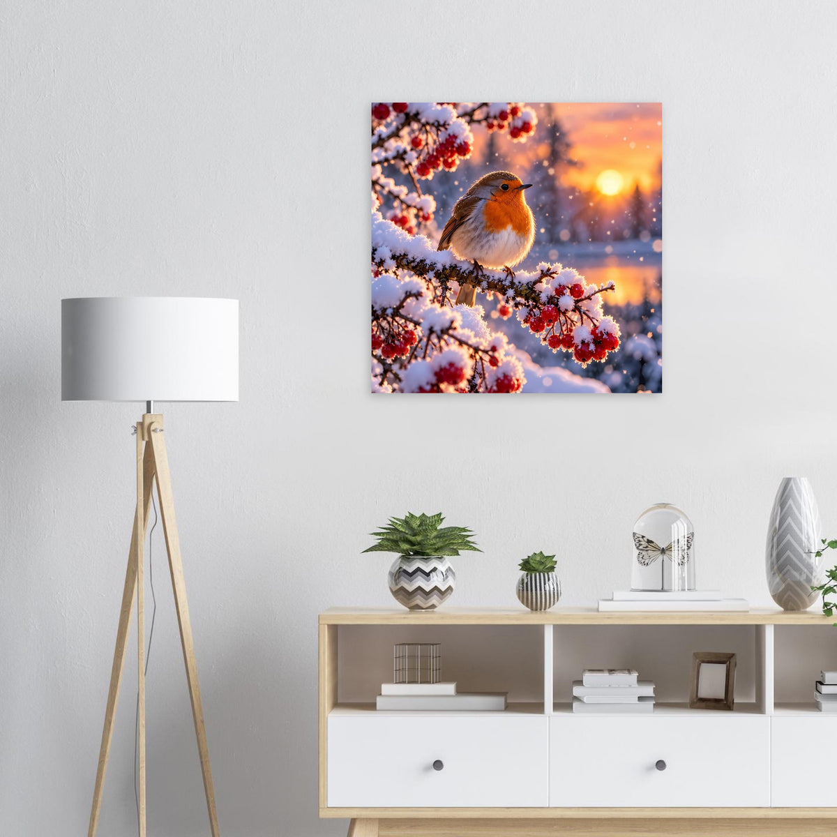 Quadratisches Poster mit Rotkehlchen auf verschneiten Blütenzweigen im Winterlicht.