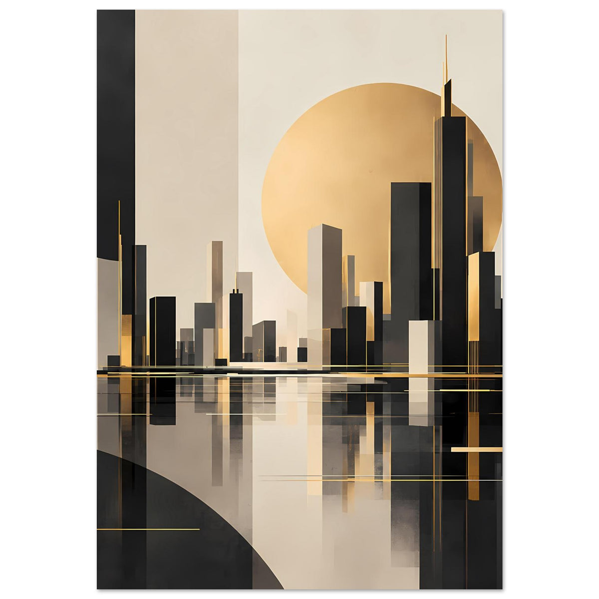 Poster: moderne Skyline in Schwarz und Beige mit goldenen Linien, Spiegelung auf Wasser