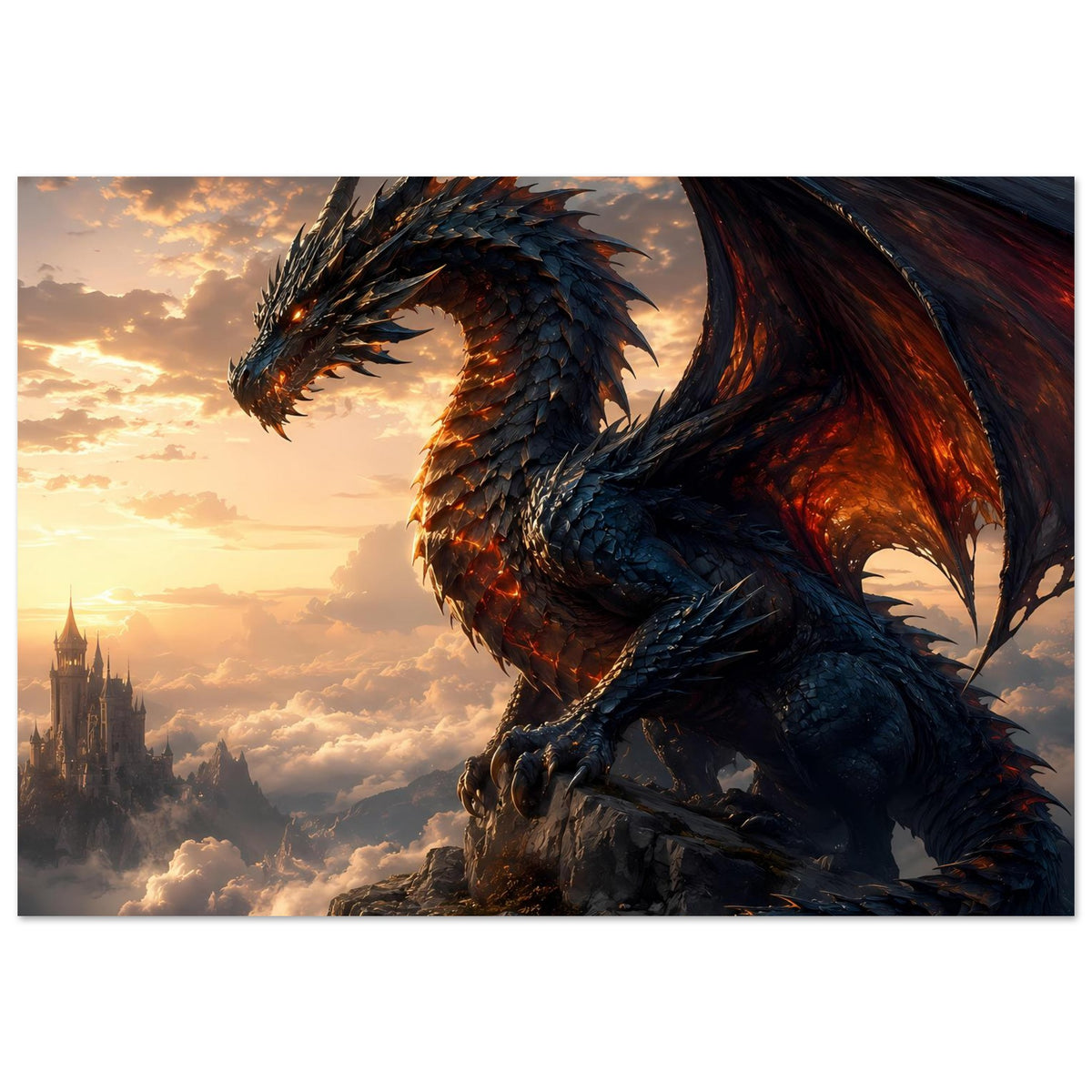 Drachenfantasy-Poster: blauer Drache mit glühendem Blick und Flügeln im Flug