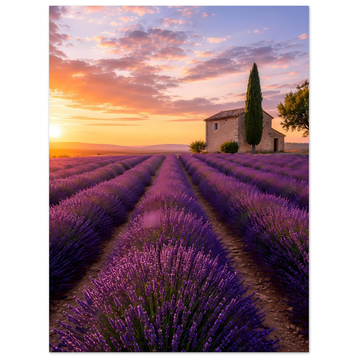 Hochformat-Poster mit Lavendelfeldern, violettem Reihenweg, Landhaus und Zypresse.
