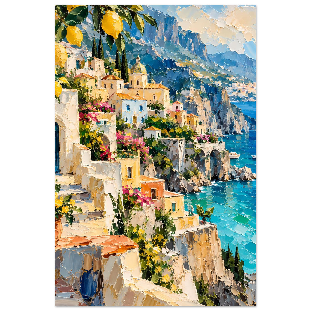 Vertikales Poster mit mediterranem Häusermeer, Blumen, türkisblaues Meer und Segelboot