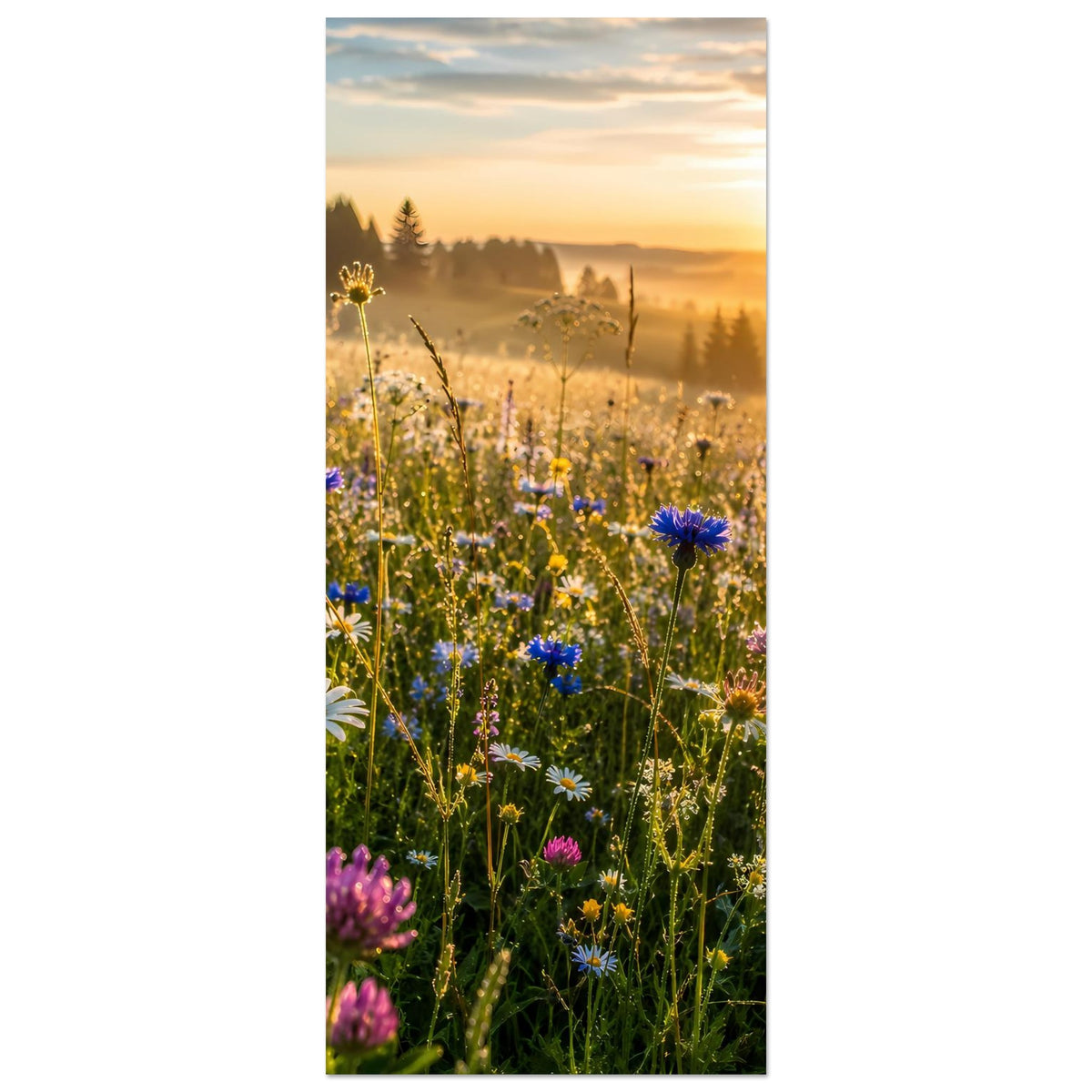 Blumenwiesenposter im Hochformat mit Wildblumen und goldener Morgensonne
