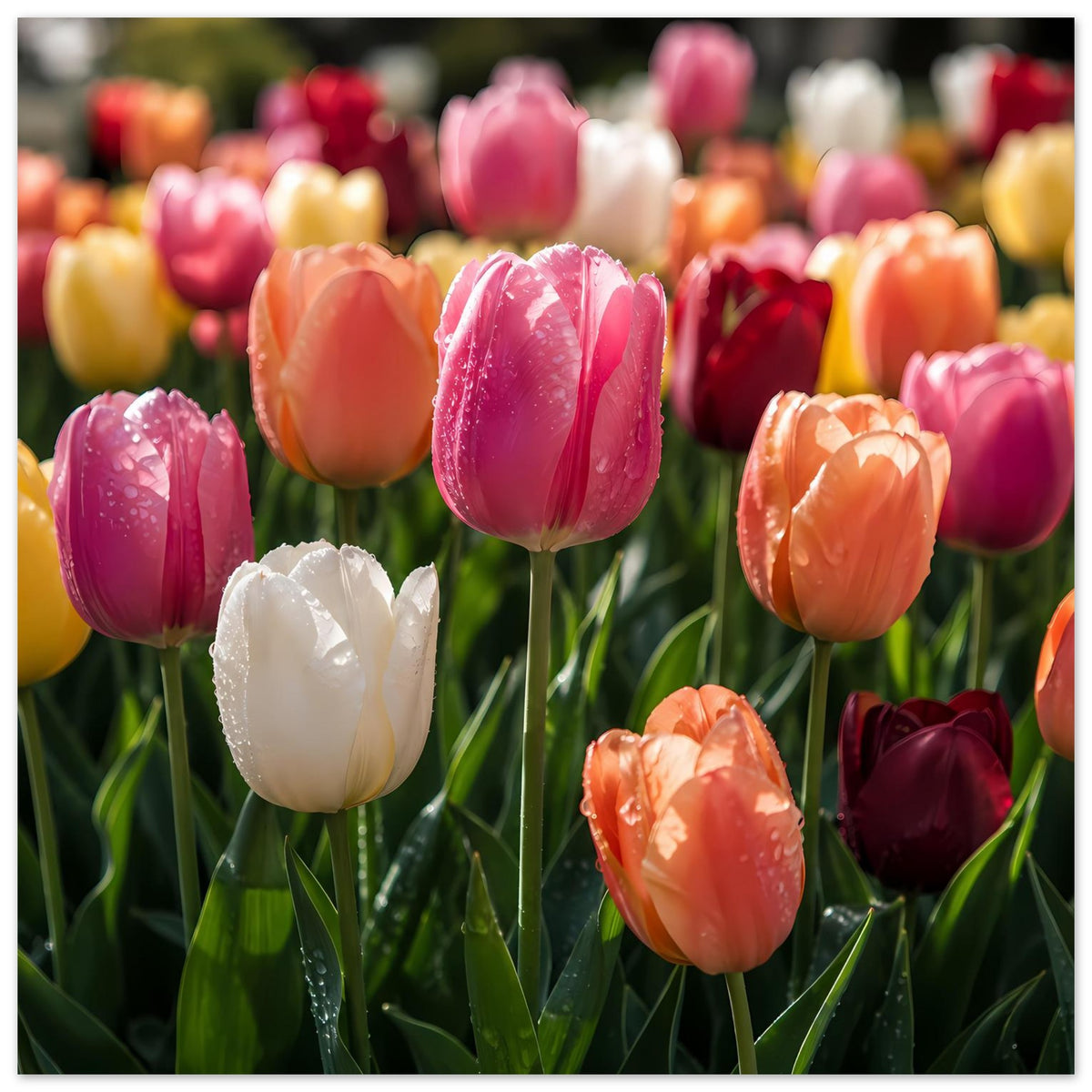 Tulpenblumen-Poster mit bunten Blüten und Wassertropfen auf grünem Laub