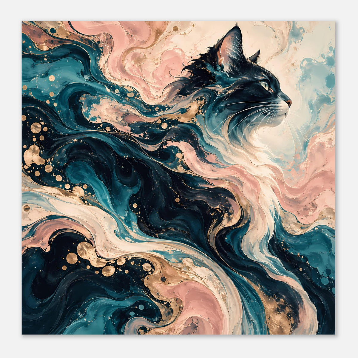 Rechteckiges Kunstposter mit abstrakter Katze in Blau, Türkis, Rosa und weißen Wellenlinien