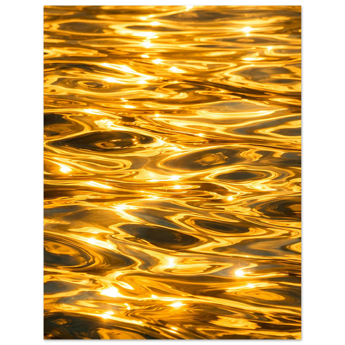 Abstraktes Poster im Hochformat: leuchtend goldene Strömungen mit dunklen Kontrasten, matt