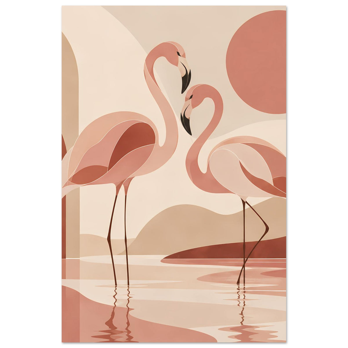 Naturposter mit zwei Flamingos, Boho-Grafik mit Spiegelung im Wasser