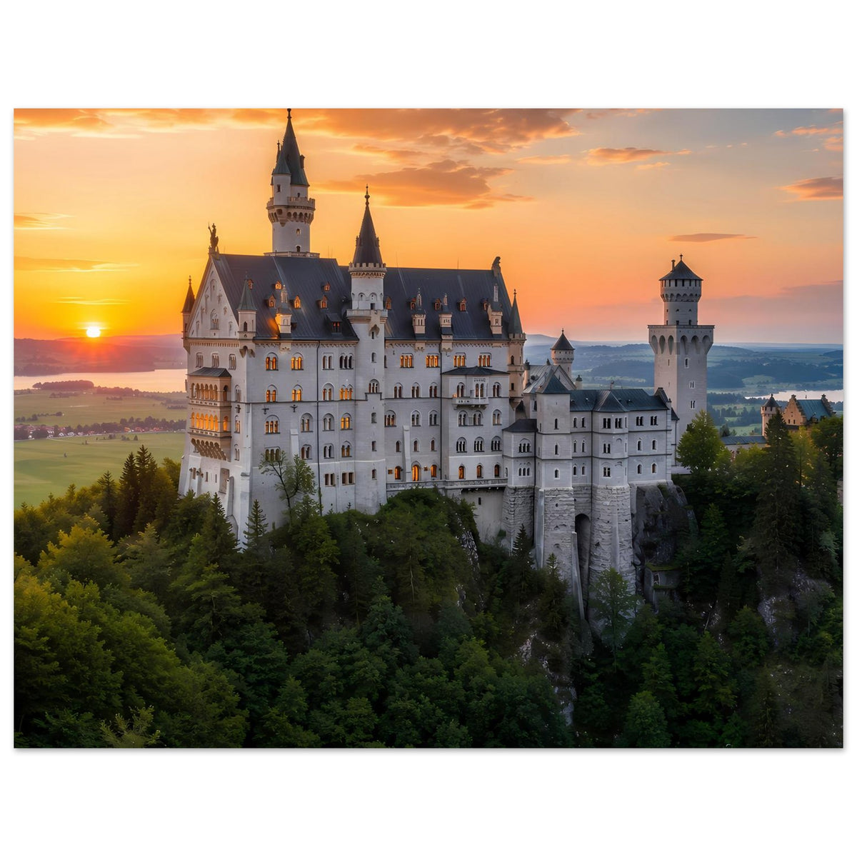 Poster mit Schlossbau und mehreren Türmen, goldenes Licht am Horizont