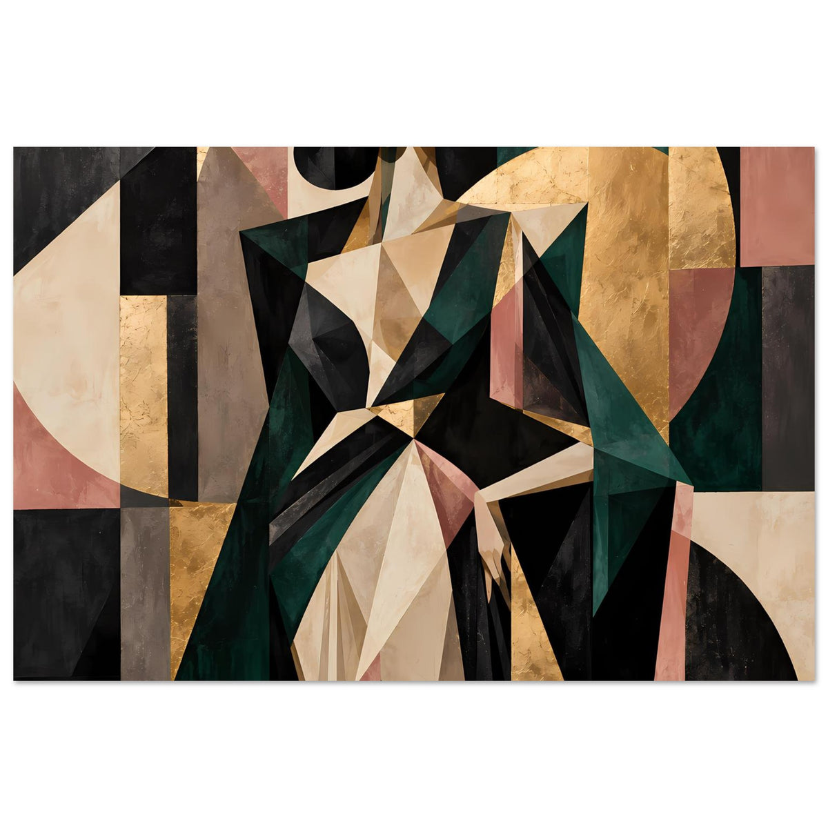 Abstraktes Poster im Querformat: geometrische Komposition mit Olivgrün- und Goldflächen