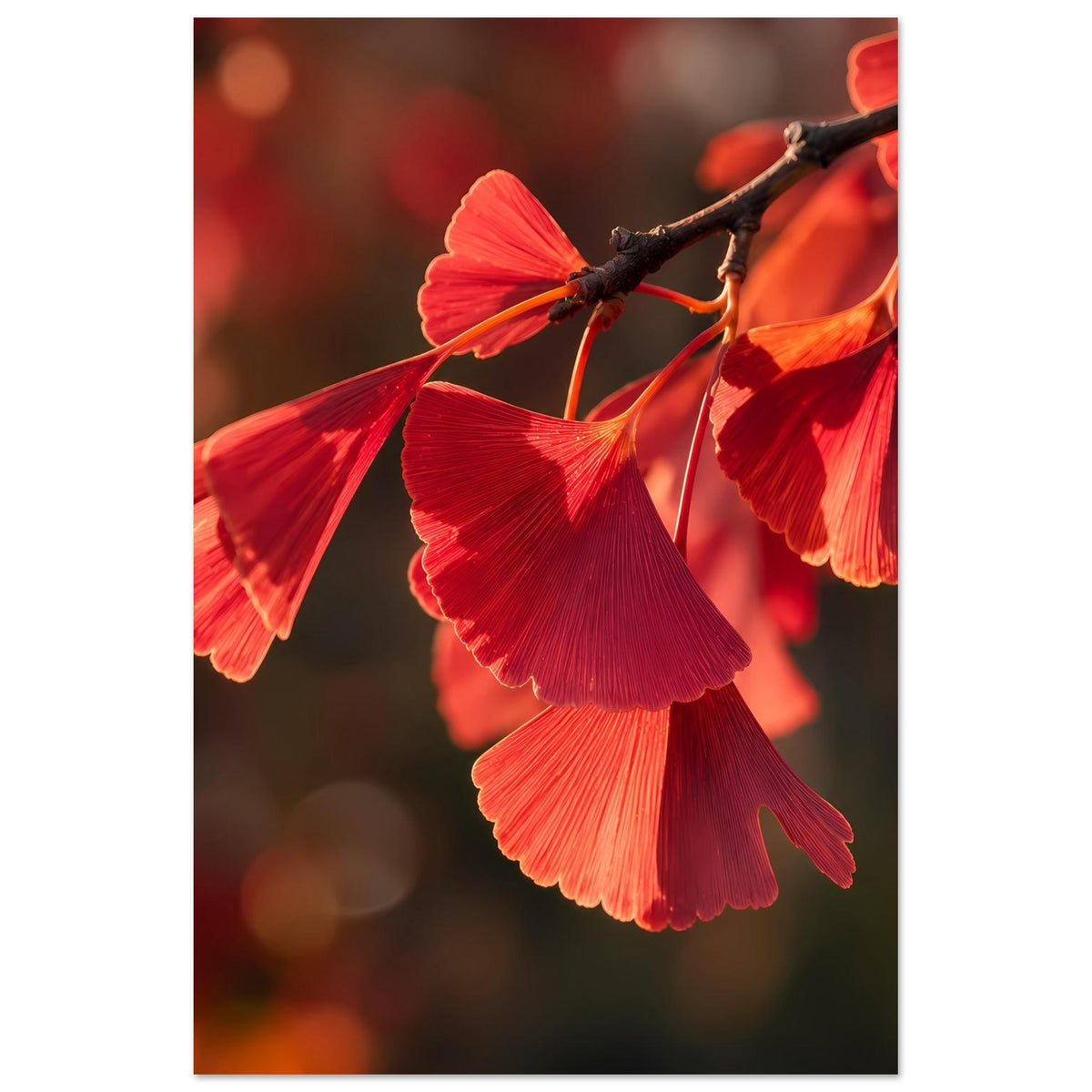 Matte Poster (vertikal) mit roten Ginkgo-Blättern am Ast, Nahaufnahme