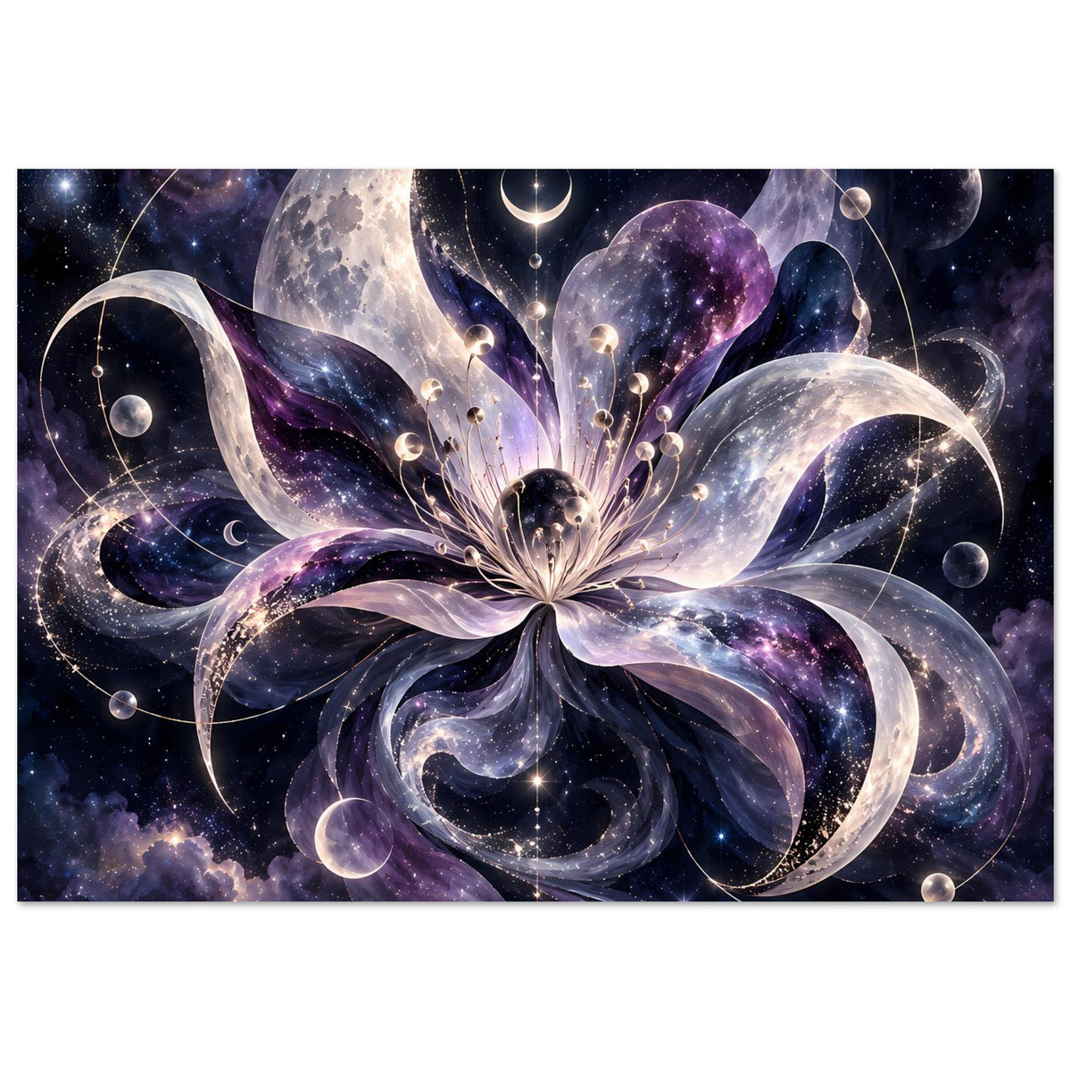 Kosmische Blüte mit Monden, Planeten und Sternen in violett-blauem Weltraum – Motivansicht 18