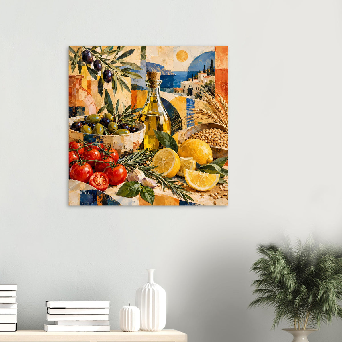 Kleines Wandposter mediterranes Stillleben mit Ölflasche, Oliven, Tomaten und Zitronen