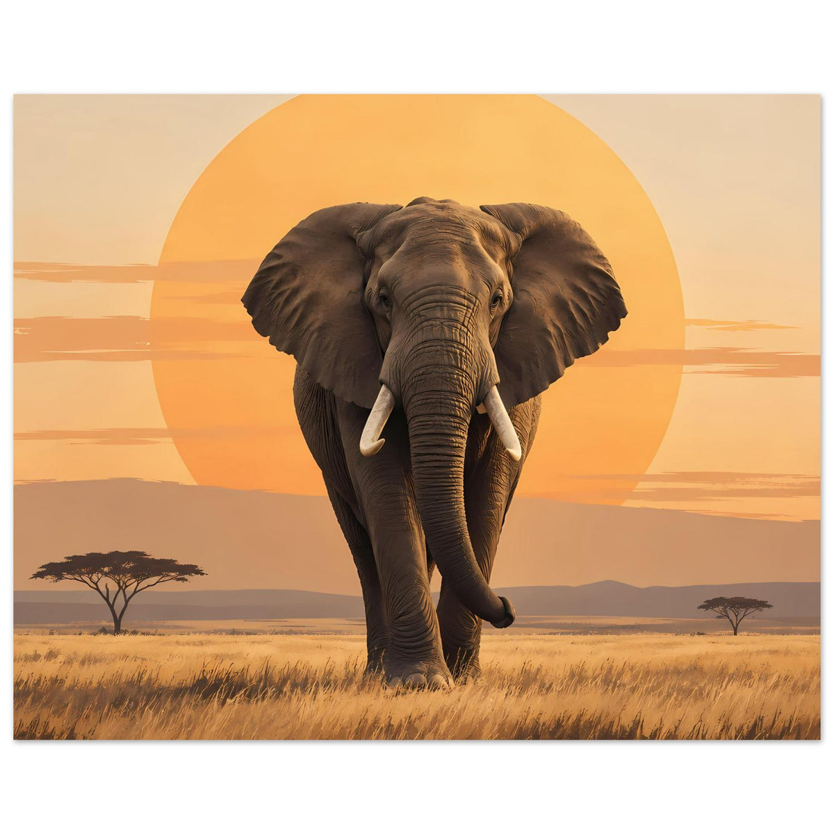 Nah genug fürs Motiv: Elefant im Sonnenuntergang auf Poster, braune Farbgebung