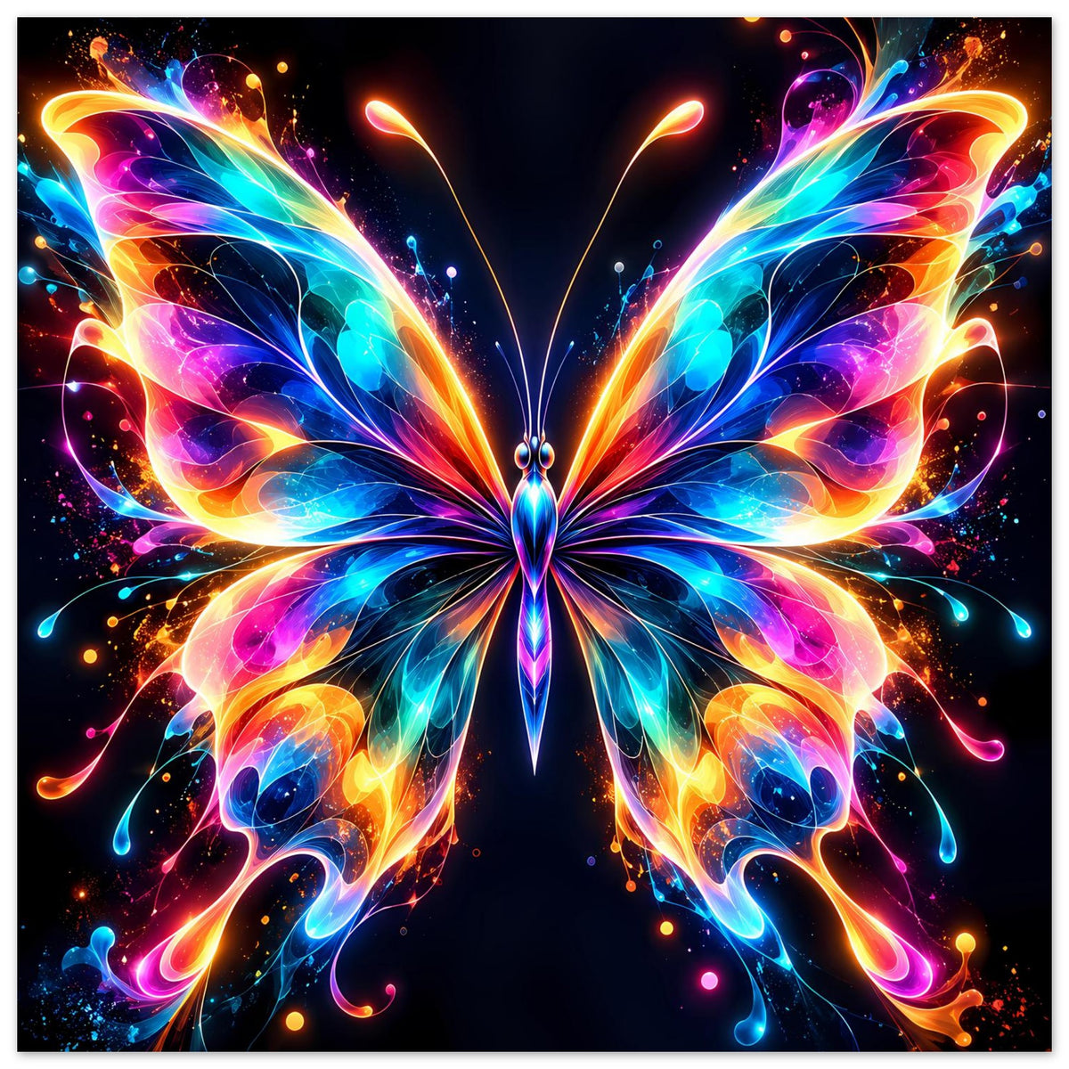 Neon-Schmetterlingsposter im Querformat, Schmetterling mit regenbogenartigen Flügeln und Leuchteffekten.