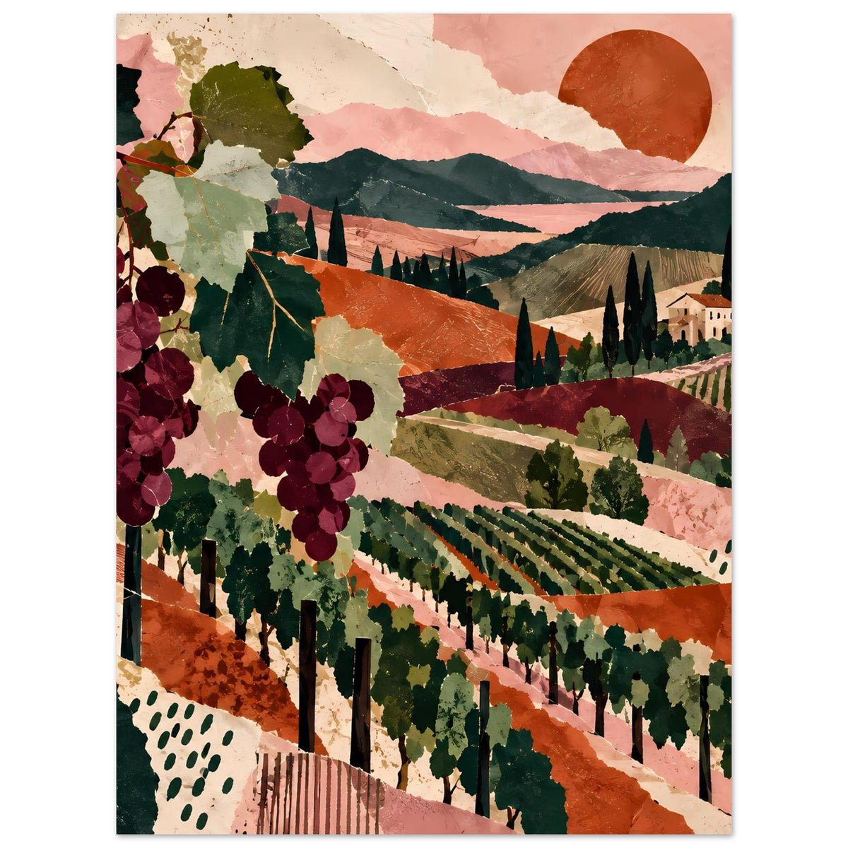 Poster mit Weinreben-Landschaft und Weintrauben: grüne und orangefarbene Hügel im Lagenmuster