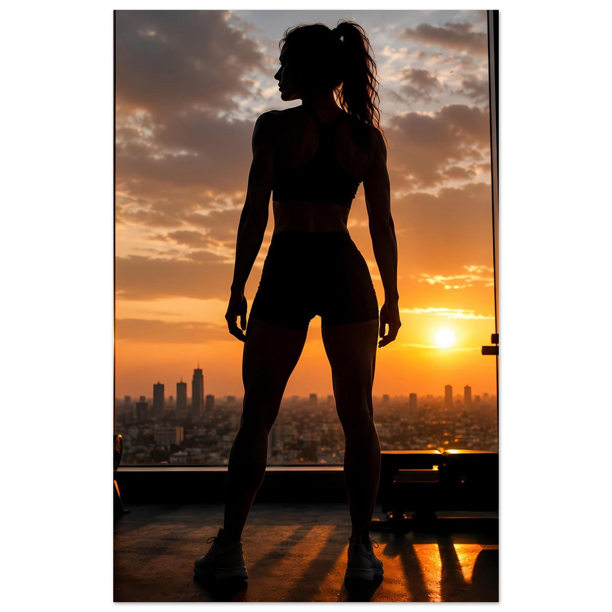 Vertikales Fitness-Poster: seitliche Silhouette einer Sportlerin in Shorts und Top.