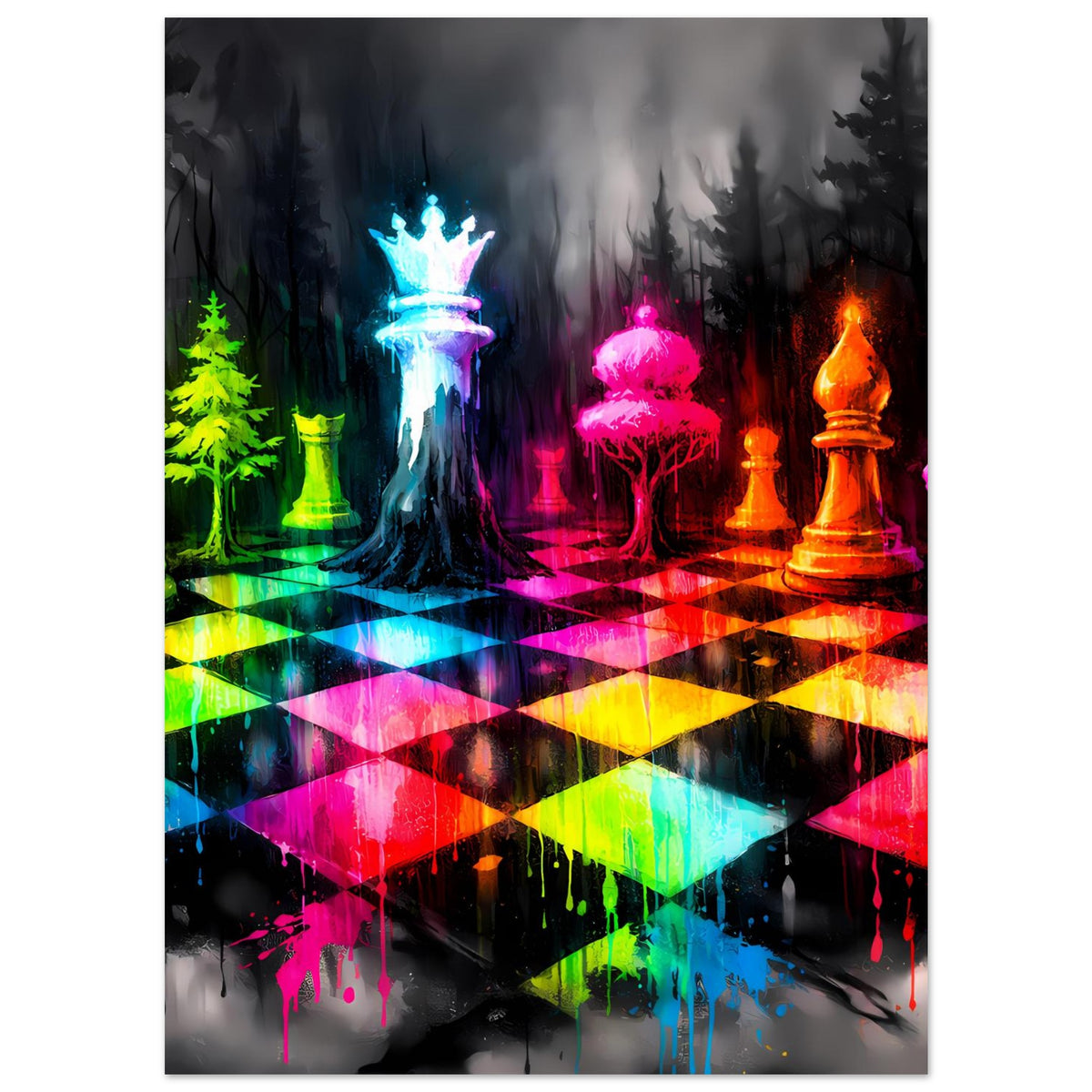 Schachspiel-Poster (Hochformat) mit Neon-Königin und leuchtendem Schachbrett im Wald