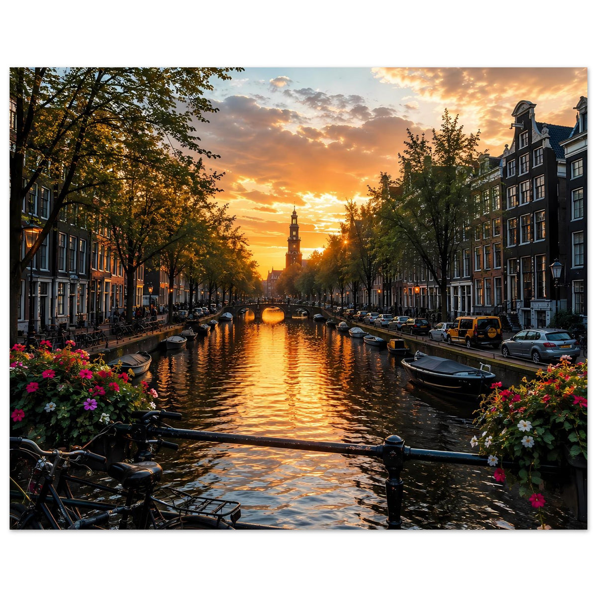Poster mit Blick auf den Kanal bei Sonnenuntergang, Uferstraßen, Boote und Fahrräder