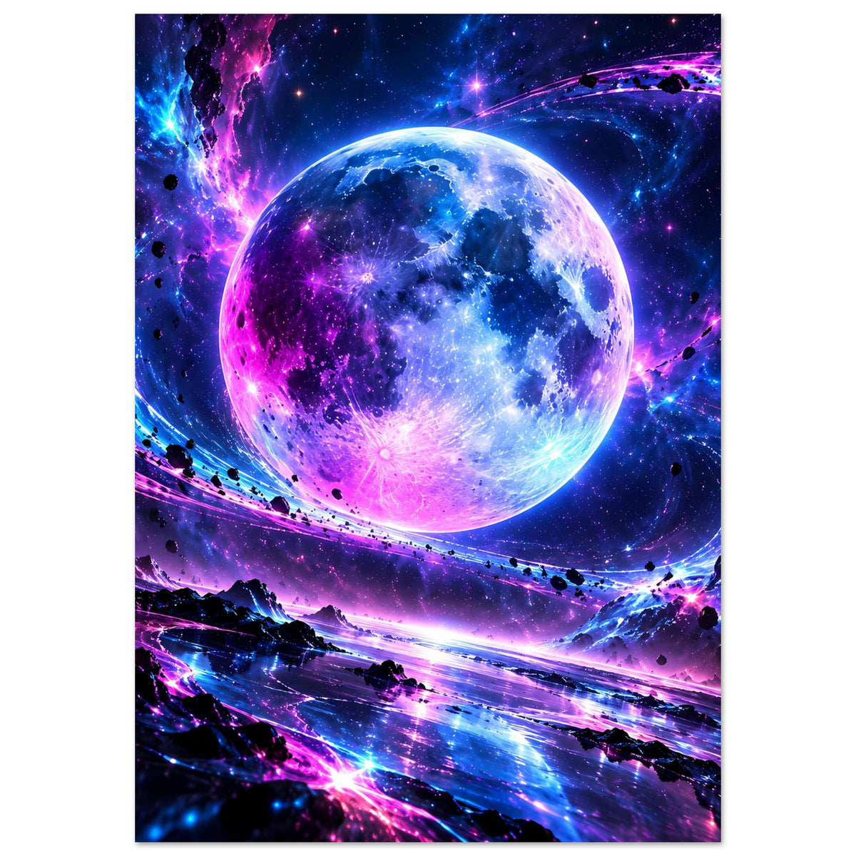 Vertikales Poster mit leuchtender blau-violetter Planetkugel und kosmischer Landschaft