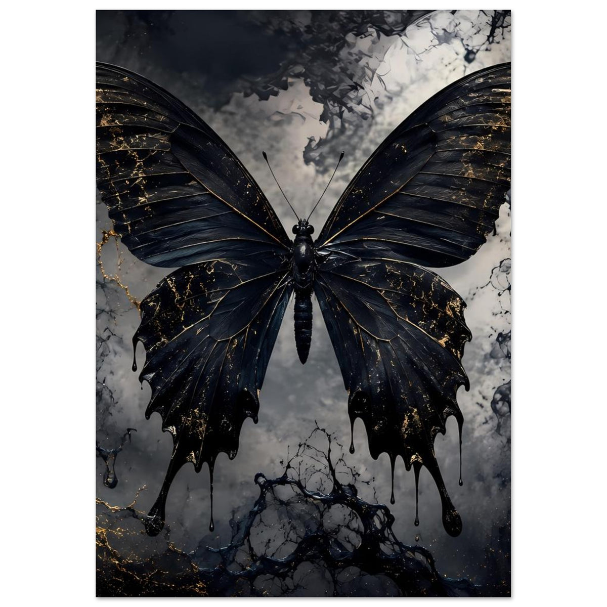 Poster mit schwarzem Schmetterling und goldenen Adern, zentriert, sichtbare Flügelspitzen