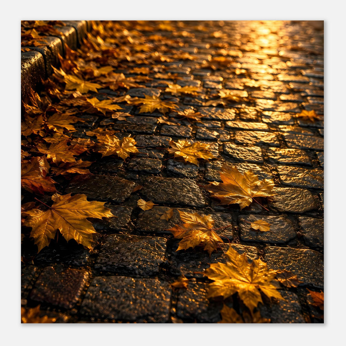 Quadratisches Poster mit goldfarbenem Herbstlaub auf dunkler Steinwand