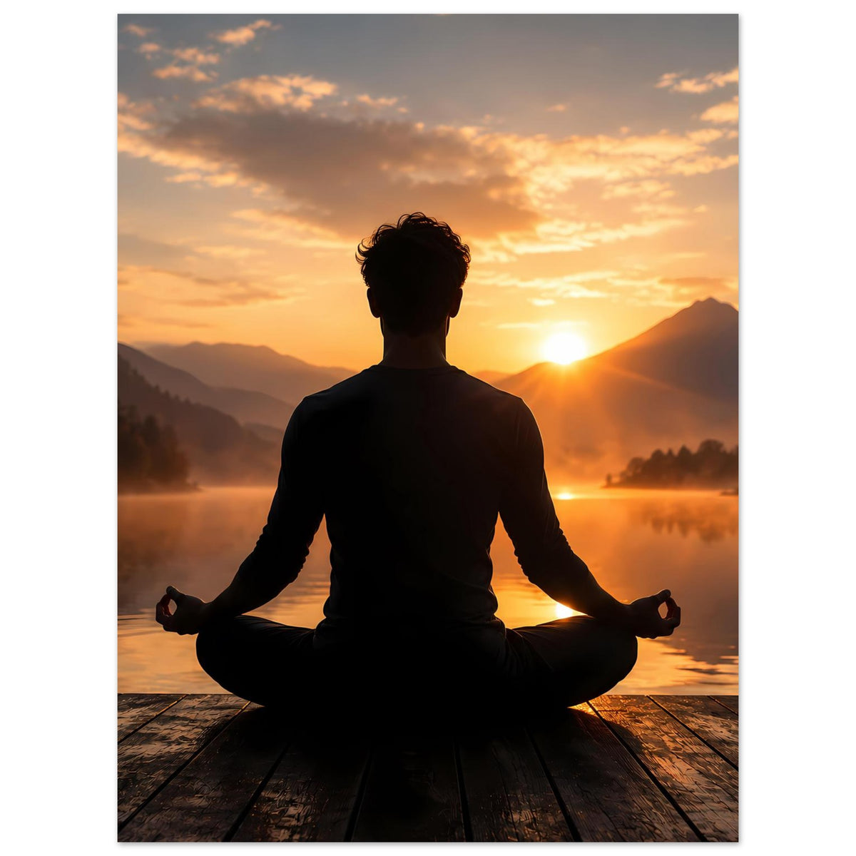 Meditations-Poster: sitzende Silhouette im Lotussitz mit Abendsonne im Hintergrund