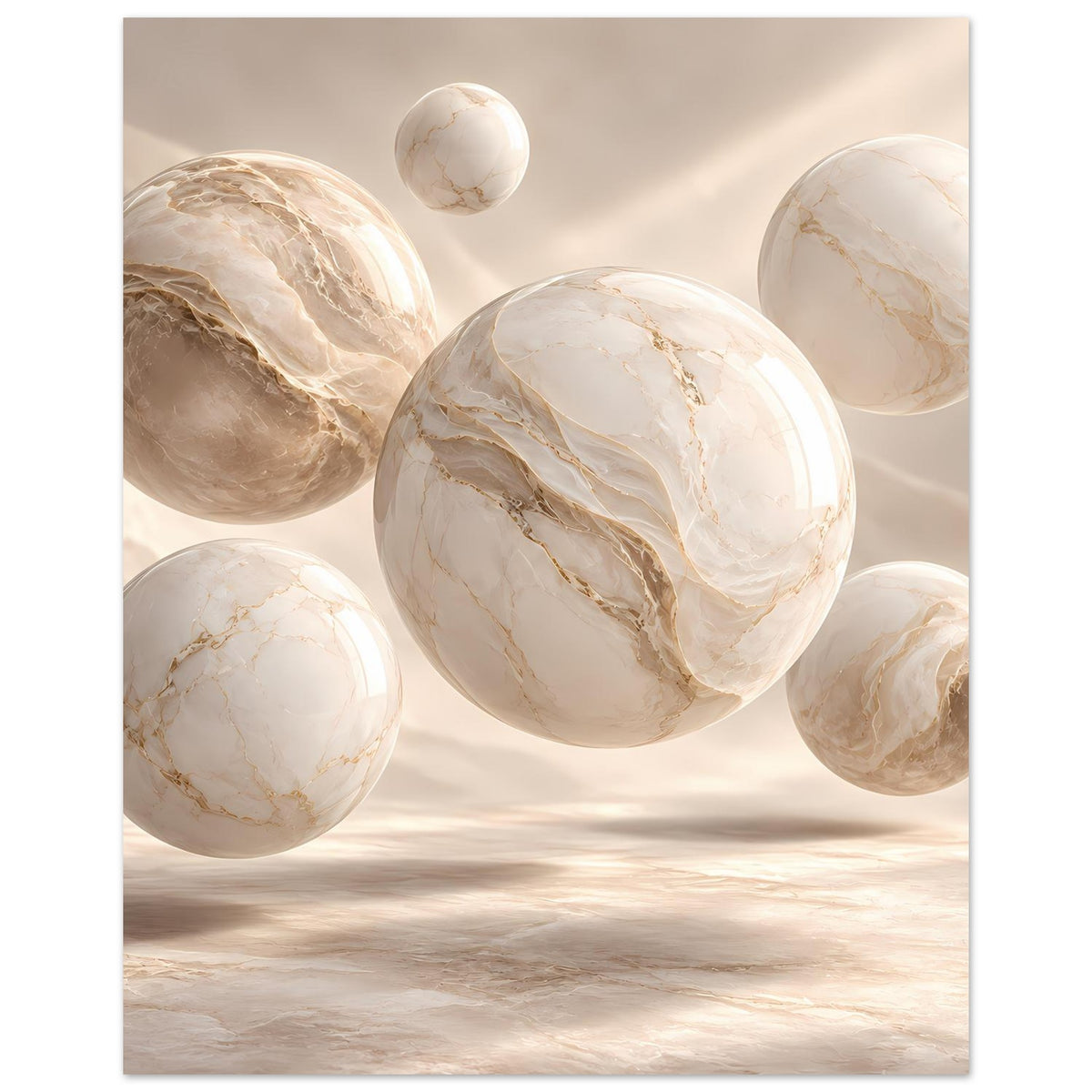 Wandposter mit marmorierten Kugeln in Creme und Gold, mehrere Kugeln im Bild