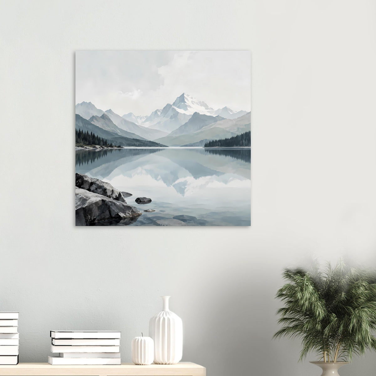 Kleiner gerahmter Kunstdruck: Bergsee-Reflexion mit Schneegipfeln und Nadelwald