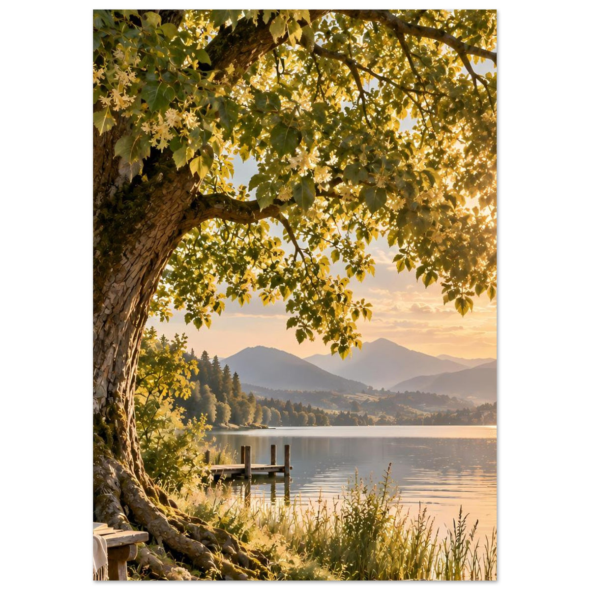 Naturposter: altes Bäumchen mit Laubkrone über dem See, Steg und Hügel im Hintergrund