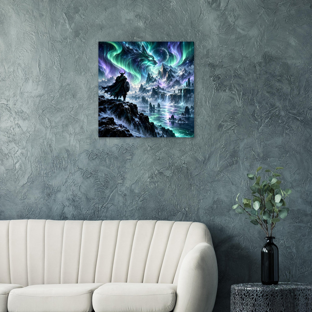 Fantasy-Poster mit Krieger-Silhouette, Drache und grün-blauem Polarlicht über Meerblick