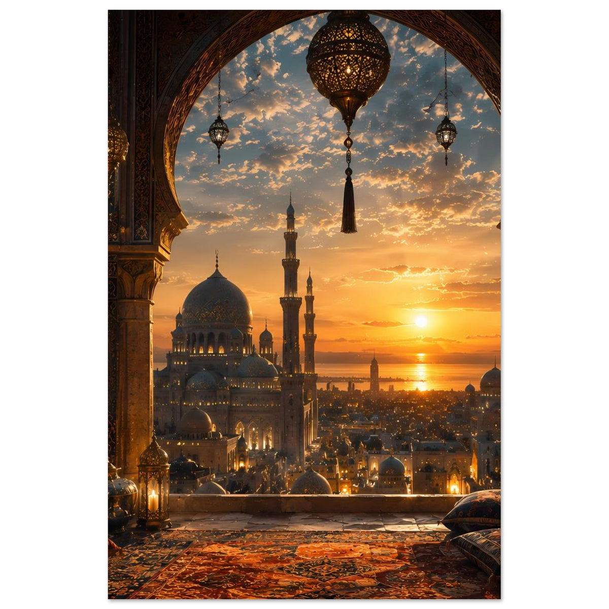 Vertikales Poster: Moschee im Sonnenuntergang, Vordergrund mit Teppichmuster und Laternen