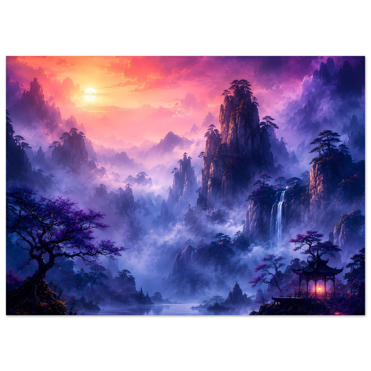 Fantasy-Poster im Querformat: Nebelberge, Wasserfall und Sonnenaufgang über dem See